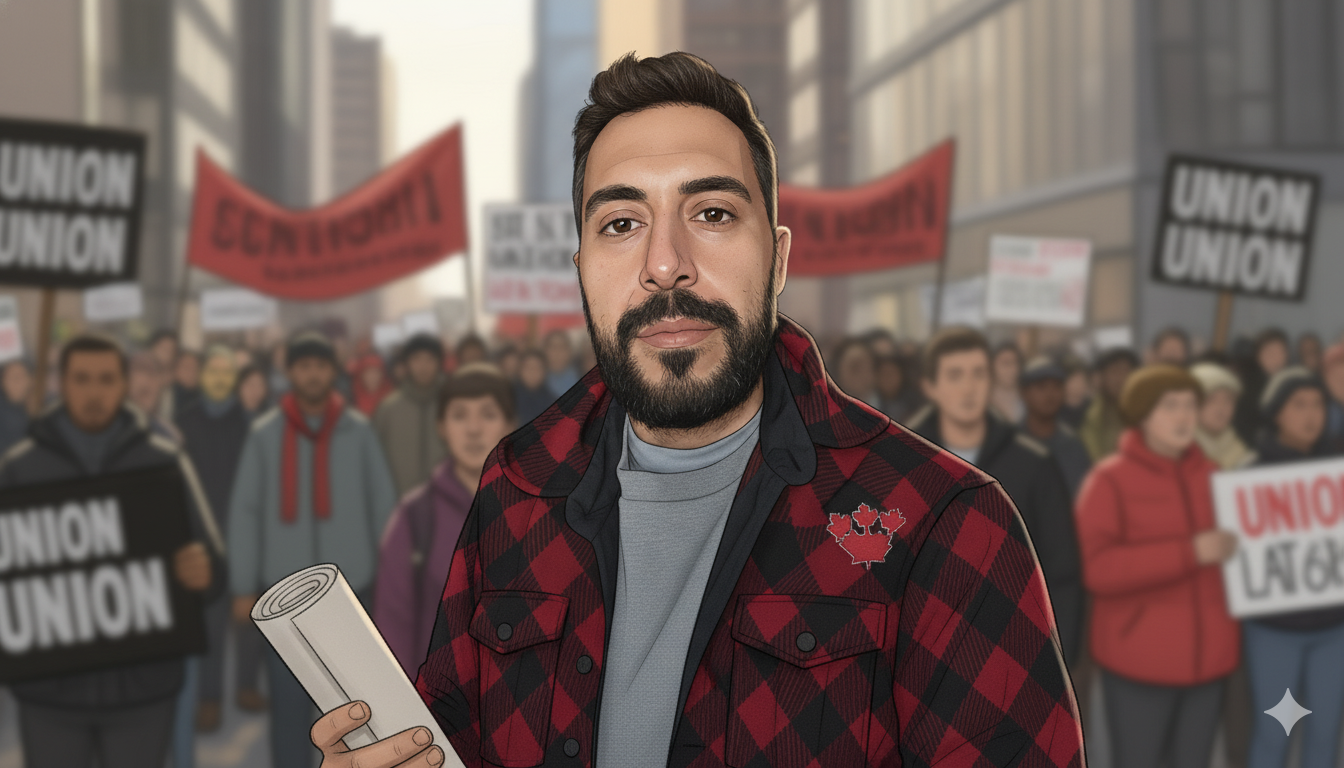 Cadre de personnage de l'univers syndical montrant solidarité et force